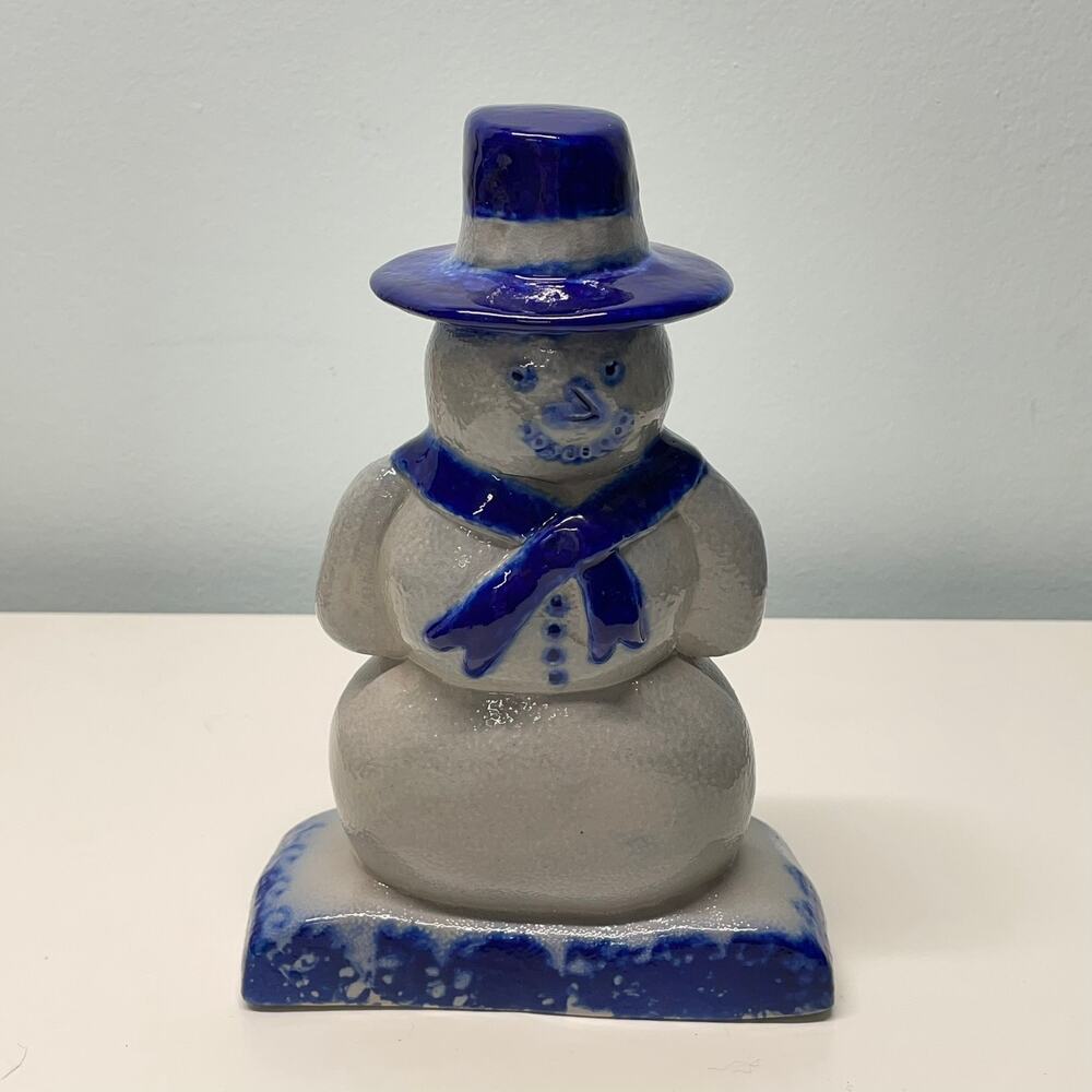 Eldreth Pottery Snowman Salt Glazed Blue Top Hat Winter 8"
